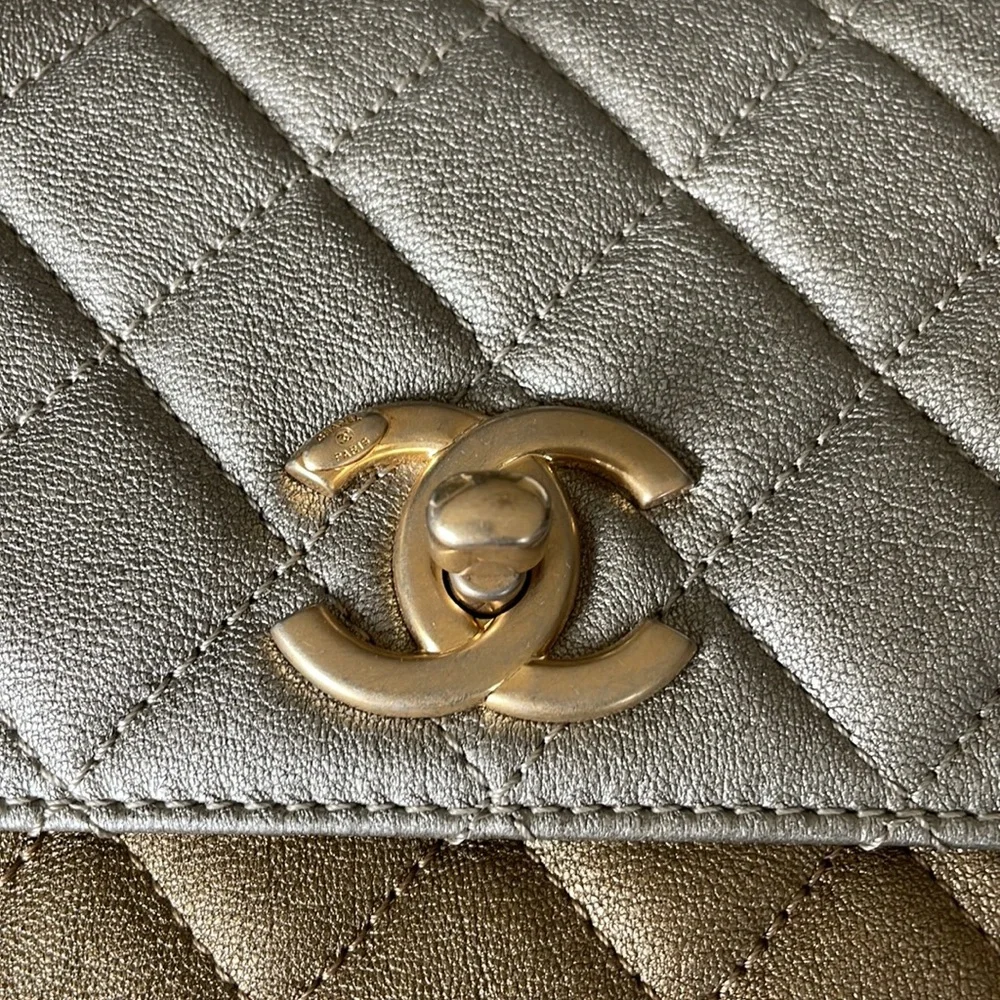 Chanel mini square quilted camellia two toned flap bag 17a bronze silver gold